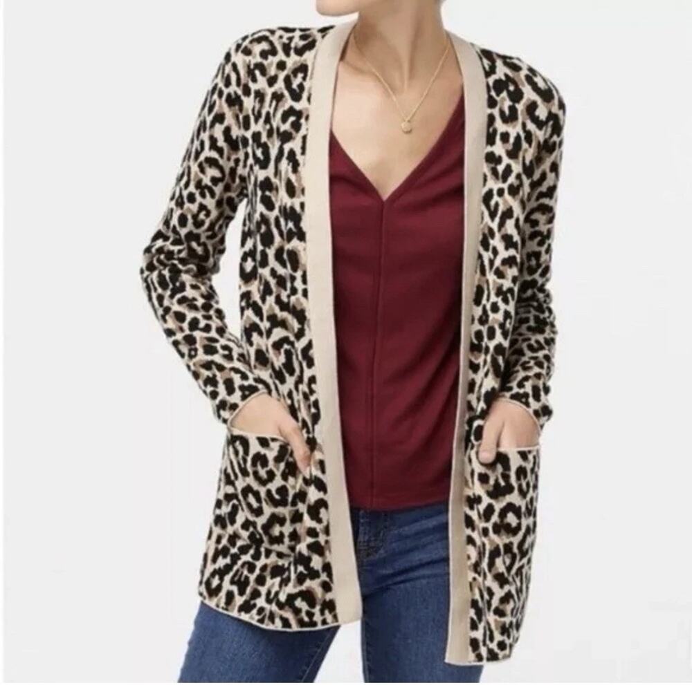 J Crew Leopard Print Cardigan M Long Open Front Cotton Mob Wife Animal print